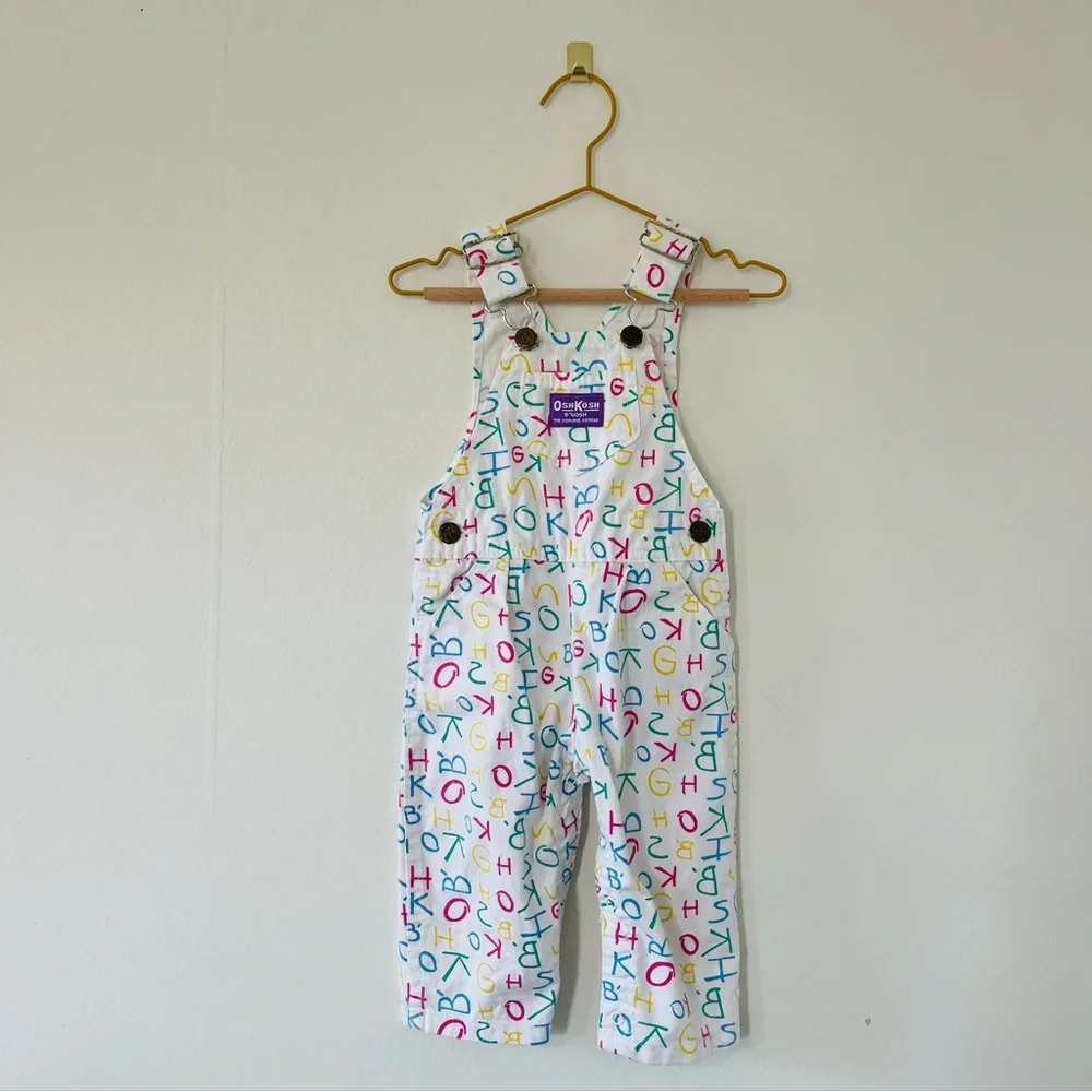 Vintage OshKosh B'gosh White Alphabet Print Overalls